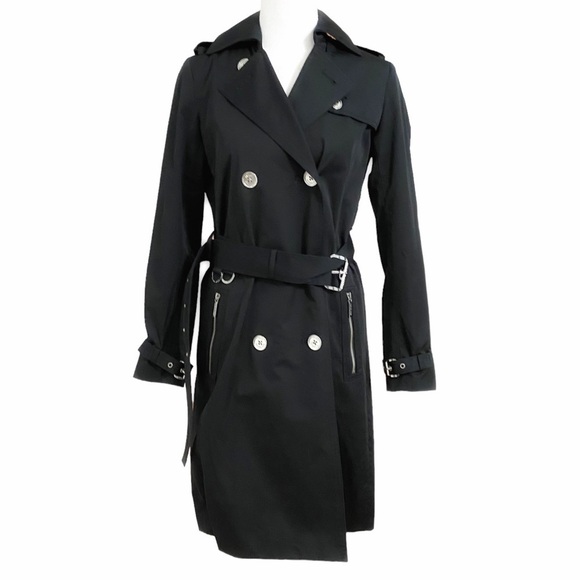 Nwot MICHAEL MICHAEL KORS BLACK DOUBLE BREASTED BELTED TRENCH COAT - XS - Picture 1 of 11